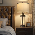 25'' Table Lamp for Living Room Bedroom Farmhouse Metal Lamps with 2 USB Ports, Built-in Frosted Glass Night Light Vintage Industrial Nightstand Bedside End Lamp, 2 Bulbs Included, Bronze