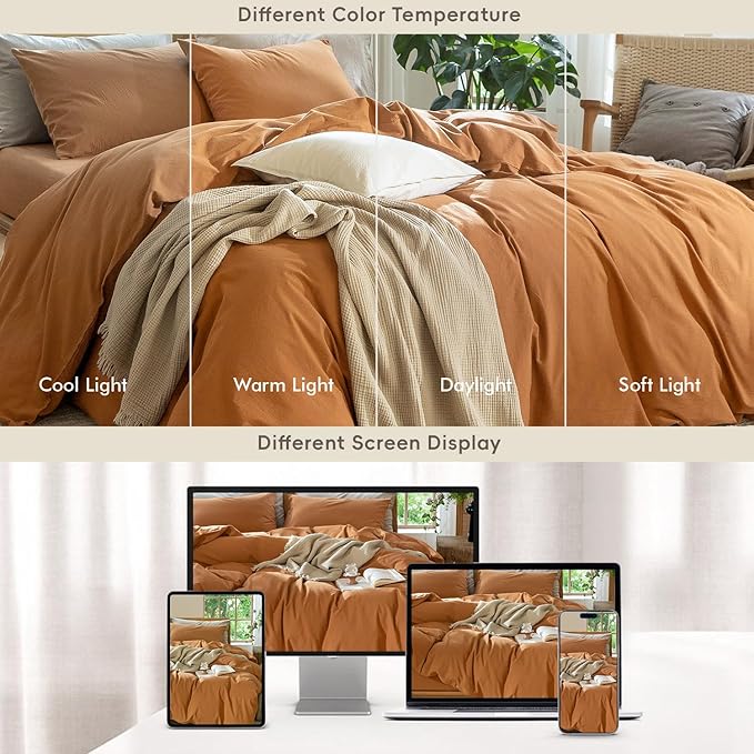 MooMee Bedding Duvet Cover Set 100% Washed Cotton Linen Like Textured Breathable Durable Soft Comfy (Solid Burnt Orange, King 104"x90")