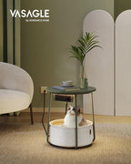 VASAGLE LILEA Collection - Side Table with Charging Station, Round End Table with Fabric Basket, LED Nightstand with USB Ports, Modern, for Living Room, Forest Green and Cream White ULET227C01
