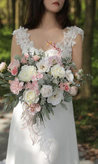 Artificial Flowers Combo Silk Mix Fake Flowers Leaf for DIY Wedding Bouquets Floral Centerpieces for Tables Party Baby Shower Home Decorations(Pink White)