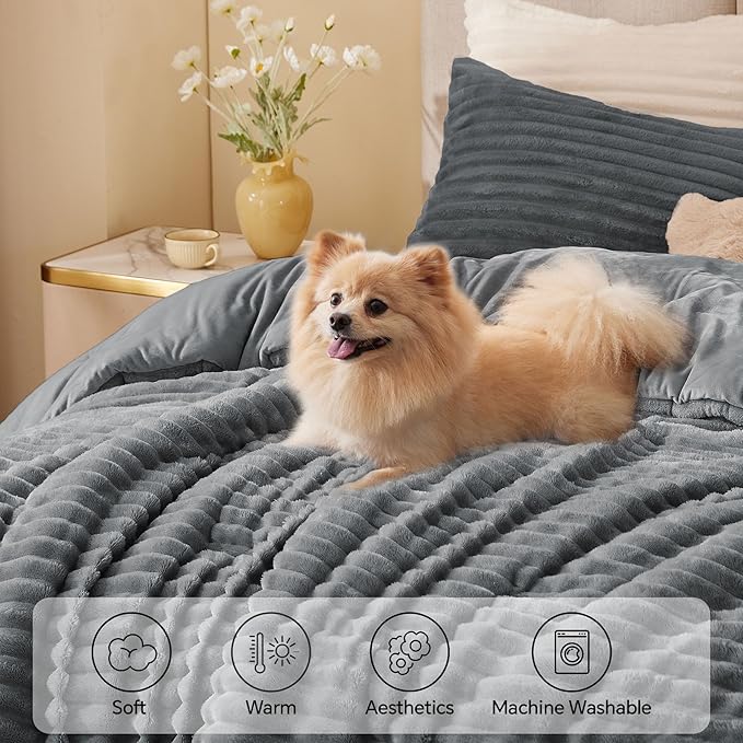BEDELITE Fleece Twin Comforter Set -Super Soft & Warm Fluffy Grey Bedding, Luxury Fuzzy Heavy Bed Set for Winter with 1 Pillow case