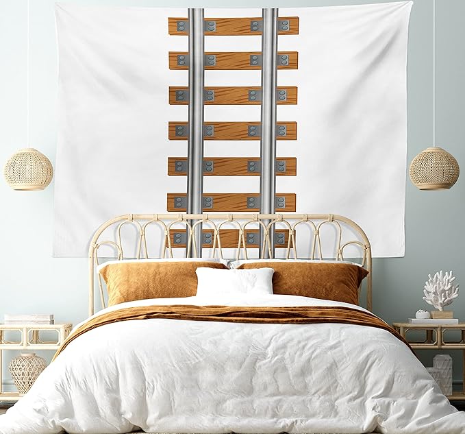 Lunarable Train Tapestry King Size, Vertical Tracks Railroad for Trains Ways of Transportation in The Old Days, Wall Hanging Bedspread Bed Cover Wall Decor, King Size, Brown White