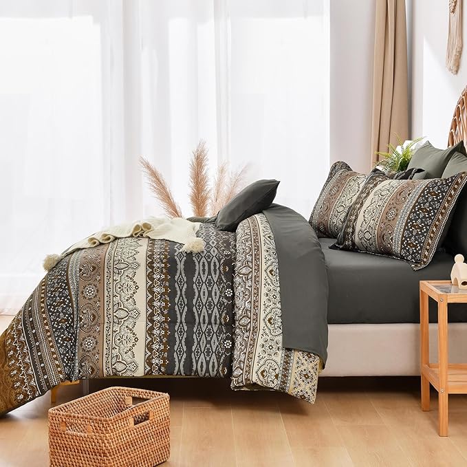 Cottolester Boho Queen Comforter Set 8 Pieces,Brown Black Bohemian Comforter Paisley Striped Bed in A Bag,Soft Microfiber Bedding Set for All Season