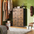 WLIVE Tall Dresser for Bedroom with 10 Fabric Drawers, Organizer Units for Closet, Storage Tower with Cabinet, Metal Frame, Rustic Brown Wood Grain Print Dressers