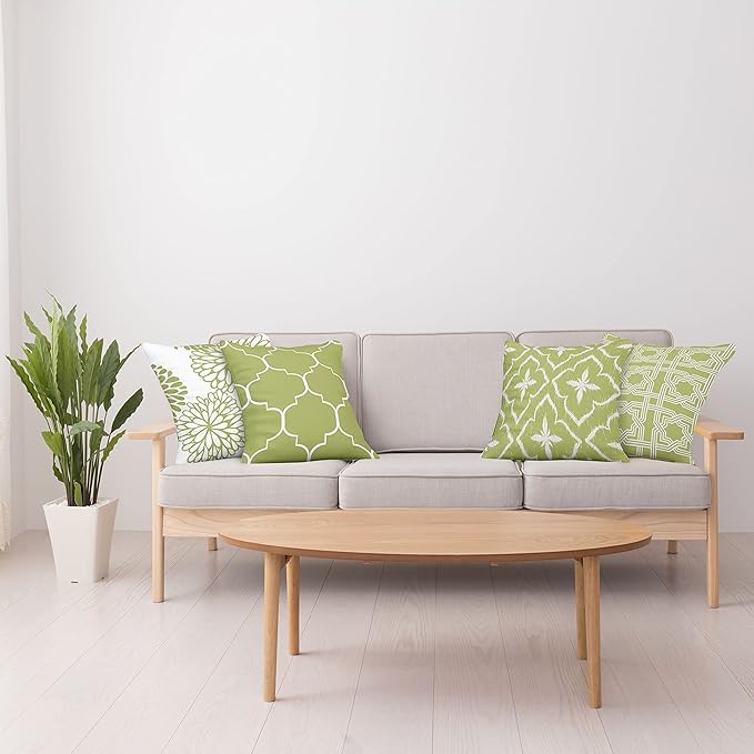 Ambesonne Vintage Throw Pillow Cushion Case Pack of 4, Monochrome Design Grid Trellis Quatrefoil Mesh and Dahlia Flowers Modern, Modern Accent Double-Sided Digital Printing, 16", Olive Green