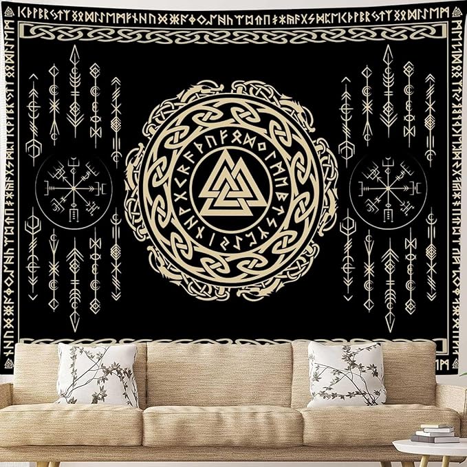OSUNBD Viking Tapestry Meditation Runes Ancient Art Norse Mythology Flannel Tapestry Vegvisir Symbol Amulet Wall Hanging Art Hanging Decor Large Size 78.7”x59.1” for Bedroom Living Room Dorm