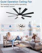 62 Inch Ceiling Fans with Lights,Large Modern Ceiling fan with Remote and 8 Wooden Blades,Dimmable,6 Speeds,Noiseless Reversible Indoor&Outdoor Fan for Bedroom,Patio,Living Room