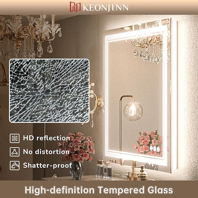 Keonjinn LED Bathroom Mirror 24" x 36" with Front and Backlight, Stepless 3 Colors Temperature & Dimmable Backlit Mirror, Double LED Strips, Anti-Fog Tempered Glass Vanity Mirror, UL Listed LED Driver