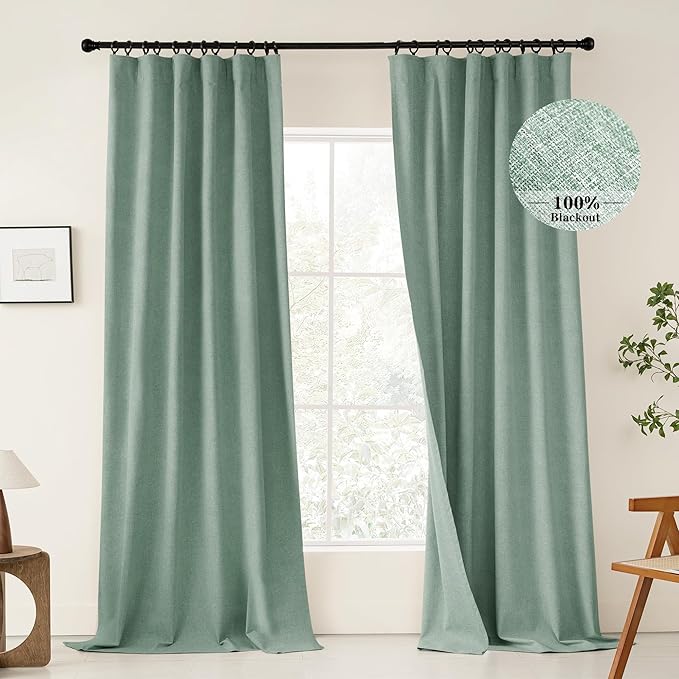 KangBang 108 Inch Fresh Green Blackout Curtains 2 Panels Set for Bedroom, Pinch Pleated/Rod Pocket/Back Tab/Hook Belt Thermal Insulated Morden Drapes for Cottage Urban Cameo Green, 52x108