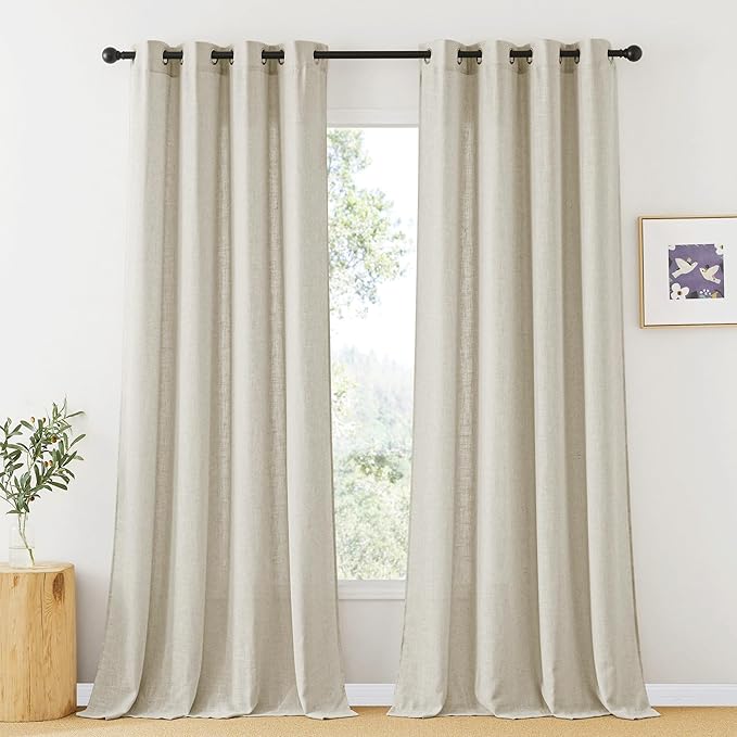 RYB HOME Floor to Ceiling Curtains 108 inches Long, Flax Linen Blend Semi Sheer Curtains Soft Airy Half Privavy Drapery for Sliding Door, Bay Window, Living Room, W 52 x L 108 inch, 2 Panels, Angora