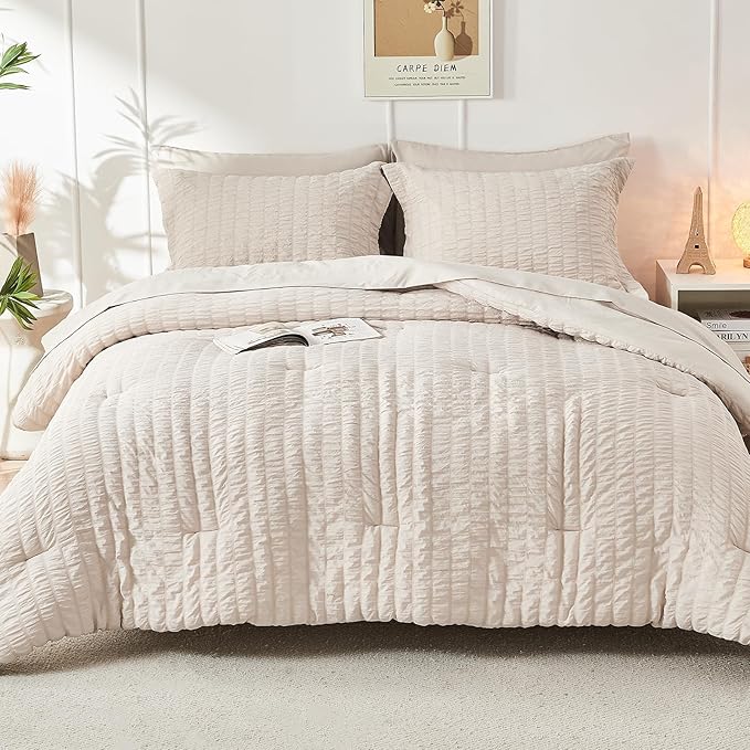 HYMOKEGE Beige Oversized King Comforter Set Seersucker 7 Pieces, All Season Luxury Bed in a Bag for Bedroom, Bedding Set with Comforter, Sheets, Pillowcases & Shams