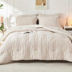 HYMOKEGE Beige Oversized Queen Comforter Set Seersucker 7 Pieces, All Season Luxury Bed in a Bag for Bedroom, Bedding Set with Comforter, Sheets, Pillowcases & Shams