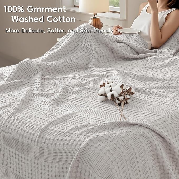 PHF 100% Cotton Waffle Weave Blanket King Size for Bed, Soft Lightweight & Breathable, All-Season Comfort, Luxury Aesthetic Woven Bedding for Home Decor, 108"x90", Light Grey