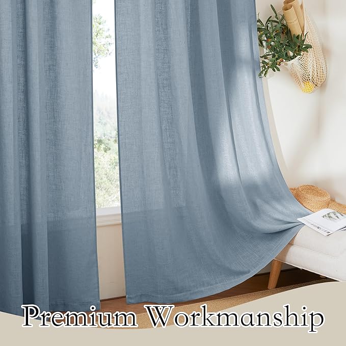 RYB HOME Natural Linen Curtains for Living Room Nursery Playroom, Modern Privacy Drapes 84 inch Length Vertical Semi Transparent Sheer for Large Windows, W 100 inch x L 84 inch, Dusty Blue, 1 Pc