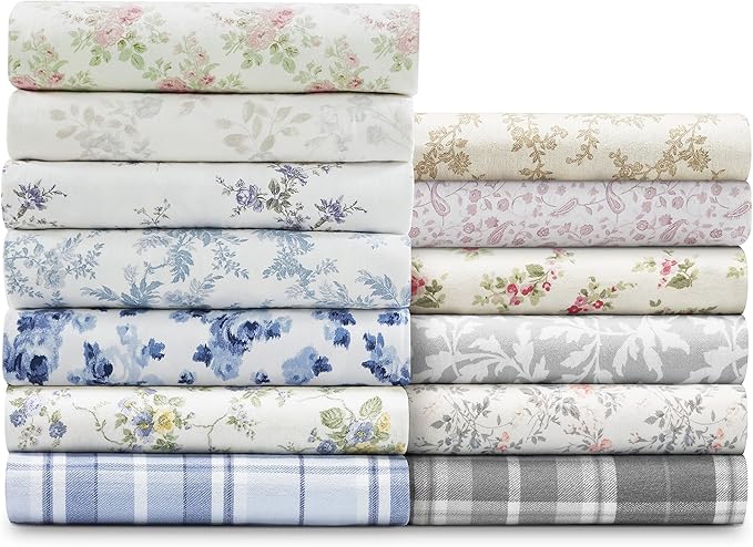 Laura Ashley - Flannel Sheets Full Size, Anti-Pilling & Wrinkle Resistant Cotton, Touchably Soft for All-Season Comfort - Bed Sheets with Matching Pillowcases & Fitted Sheet (Victoria Beige)
