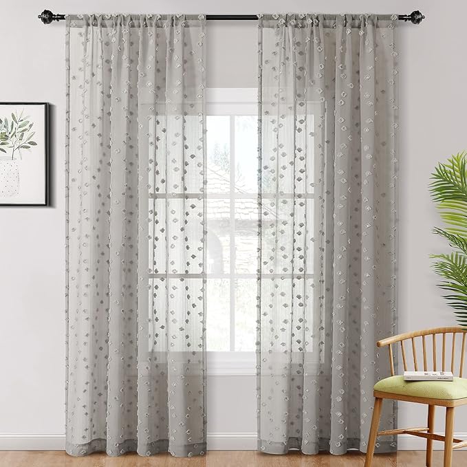 MYSKY HOME Pom Pom Grey Sheer Curtains for Bedroom Girls Room Curtains 72 Inches Long for Nursery Kids Light Filtering Boho Window Drapes, Rod Pocket, 52" Wide, 2 Panels
