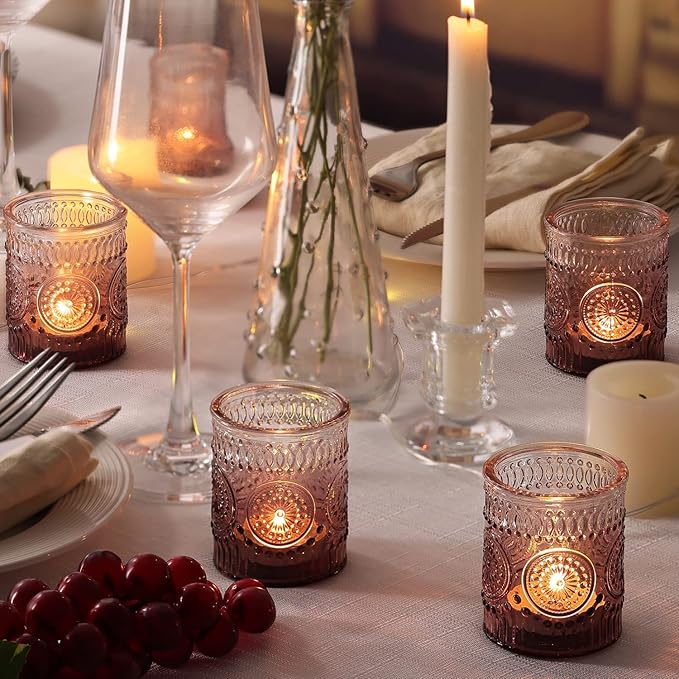 12pcs Purple Votive Candle Holder, Glass Tea Lights Candle Holders for Wedding Table Centerpieces, Birthday Parties and Home Decor