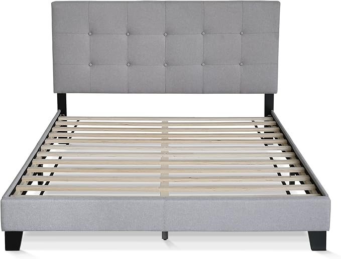 Furinno Laval Button Tufted Upholstered Platform Bed Frame, Queen, Glacier