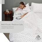 Linen Home 100% Cotton Printed Percale Sheets King Size, Deep Pocket, 4 Pieces Set - 1 Flat, 1 Deep Pocket Fitted Sheet and 2 Pillowcases, Crisp Cool and Strong Bed Linen, Grey Silhouette Floral