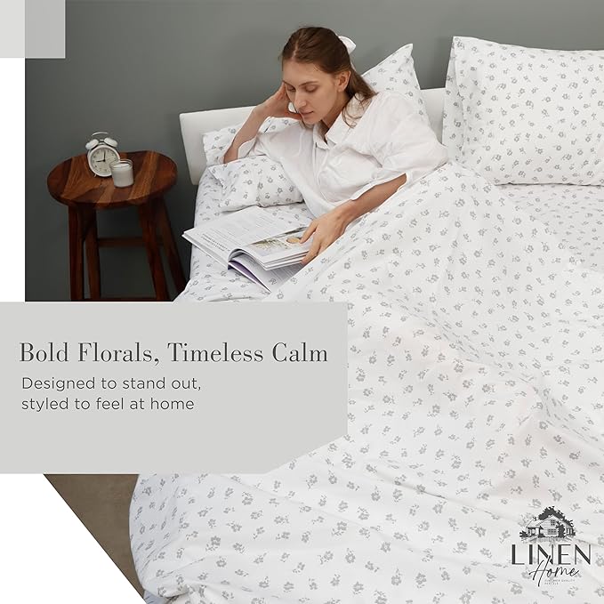 Linen Home 100% Cotton Printed Percale Sheets California King Size, Deep Pocket, 4 Pieces Set - 1 Flat, 1 Deep Pocket Fitted Sheet and 2 Pillowcases, Crisp Cool Bed Linen, Grey Silhouette Floral