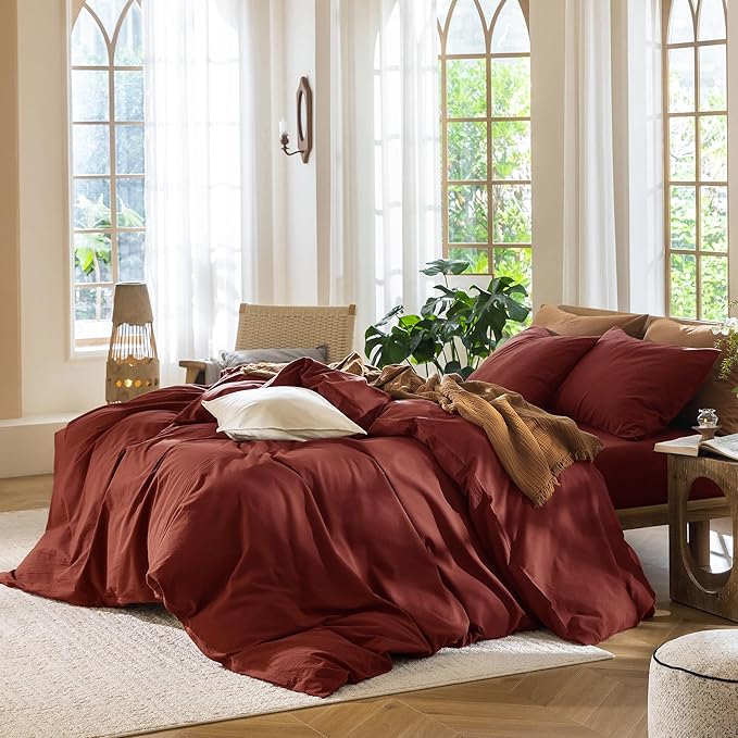 MooMee Bedding Duvet Cover Set 100% Washed Cotton Linen Like Textured Breathable Durable Soft Comfy (Solid Fired Brick Red, Queen 90"x90")