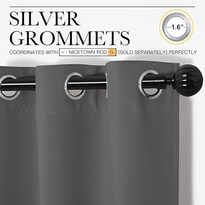NICETOWN Grey Blackout Curtain Panels for Bedroom, Thermal Insulated Grommet Top Blackout Draperies and Drapes for Basement (2 Panels, W34 x L72-inch, Grey)