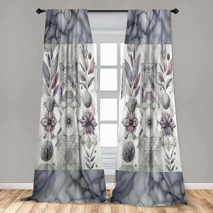 Ambesonne Geometric Floral Window Curtains Pack of 2, Classic Marble Print Ornate Leafy Flowers and Futurist Stripes, Lightweight Set with Rod Pocket, 4 Panels of - 28" x 63", Ceil Blue Laurel Green