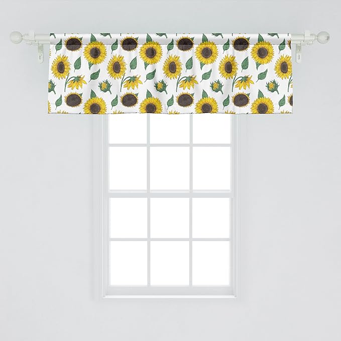 Ambesonne Sunflower Window Valance Pack of 2, Agricultural Pattern Botanical Inspiration Hand-Drawn Flowers, Rod Pocket Curtain Valances for Kitchen Bedroom, 54" X 18", Reseda Green Dark Brown