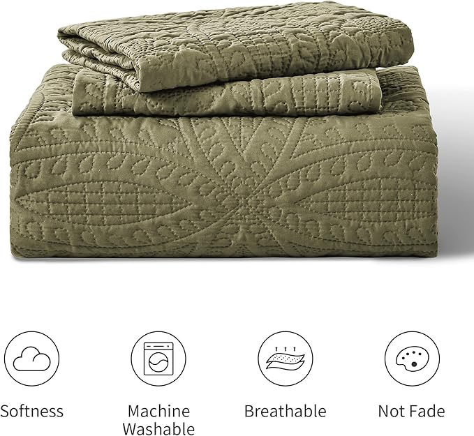 Love's cabin King Size Quilt Bedding Set Green Bedspreads - Bed Summer Lightweight Bedspread Comforter - Coin Pattern Bedding Coverlet for All Season - 3 Pieces (1 Quilt, 2 Pillow Shams)