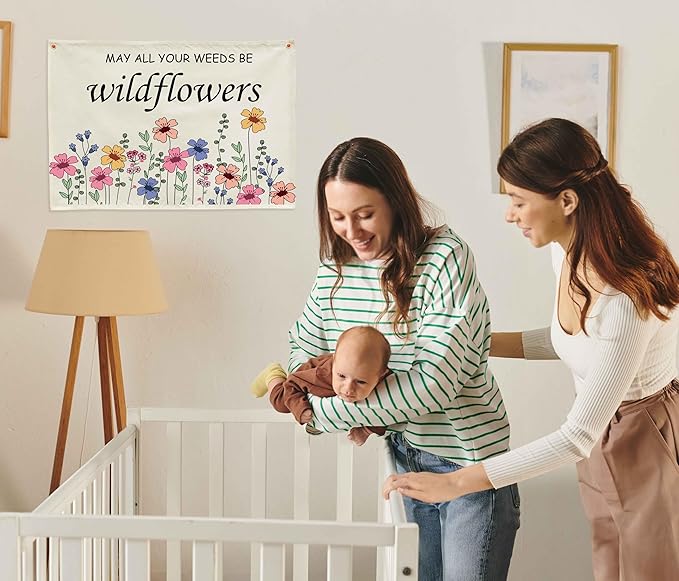 Nursery Rectangular Canvas Banner-Flag Wall Sign for Kids Toddler Boy Girl-Baby Room Above Crib Bedroom Dorm Wall Decor-Baby Shower Birthday Christmas Gift-May All Your Weeds Be Wildflowers