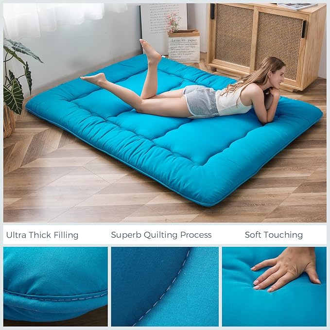 Japanese Floor Mattress Futon Mattress, Thicken Tatami Mat Sleeping Pad Foldable Roll Up Mattress Boys Girls Dormitory Mattress Pad Kids Floor Lounger Bed Couches and Sofas, Turquoise, Twin Size