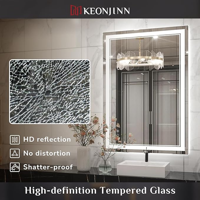 Keonjinn Lighted Bathroom Mirror, 40 x 32 Inch Bathroom LED Mirror with Lights, Frontlit Only, HD Tempered Glass, UL-Listed LED Driver, Anti-Fog, 6000K Dimmale, Easy Installation(Horizontal/Vertical)