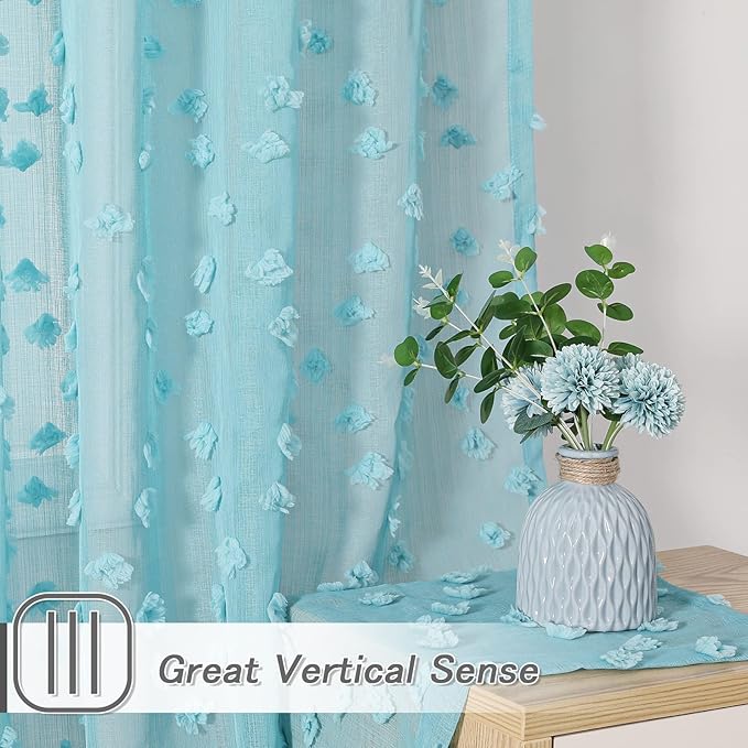 MYSKY HOME Pom Pom Teal Sheer Curtains for Bedroom Girls Room Curtains 84 Inches Long for Nursery Kids Light Filtering Boho Window Drapes, Rod Pocket, 52" Wide, 2 Panels
