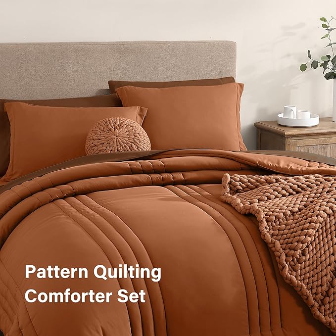 Monbix King Size Comforter Set - 7 Pieces Bed in a Bag King, Burnt Orange Bedding Sets with Comforter, All Seasons Down Alternative Comforter Bed Set with Sheets, Pillowcases & Shams