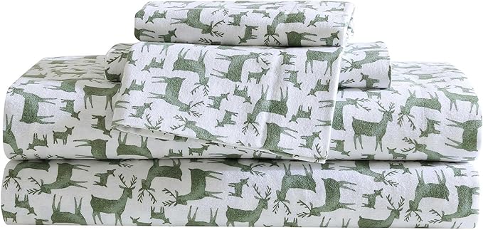 Eddie Bauer - Flannel Sheets Full Size, Anti-Pilling & Wrinkle Resistant Cotton, Touchably Soft for All-Season Comfort - Bed Sheets with Matching Pillowcases & Fitted Sheet (Deer Camp Green)