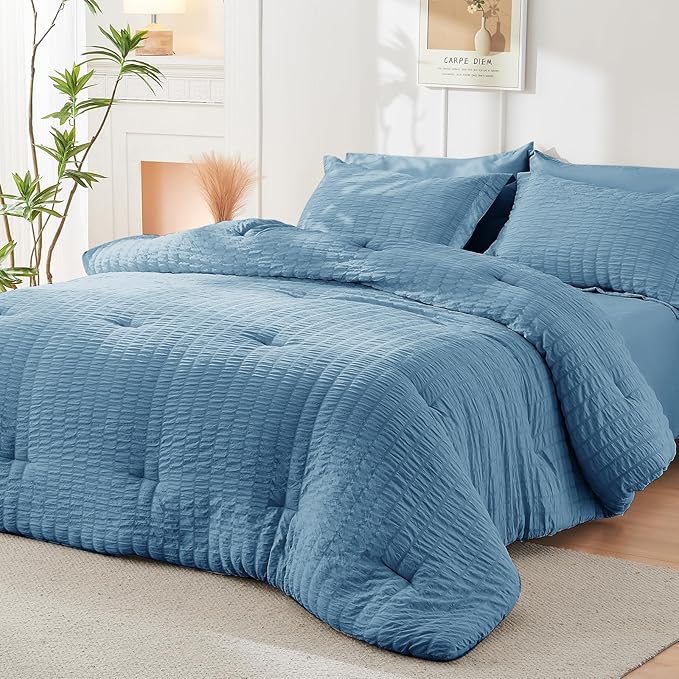 HYMOKEGE Mineral Blue Twin XL Comforter Set Seersucker 5 Pieces, All Season Luxury Bed in a Bag for Bedroom, Bedding Set with Comforter, Sheets, Pillowcase & Sham