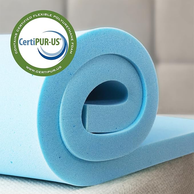 ZINUS 2 Inch Green Tea Cooling Gel Memory Foam Mattress Topper, Cooling Gel Foam, CertiPUR-US Certified, Queen, Blue