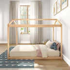 Max & Lily Twin Floor House Bed, Modern Solid Wood Low Bed Frame for Kids, Montessori Floor Bed for Bedroom, Playroom, Wooden Slats, Blonde