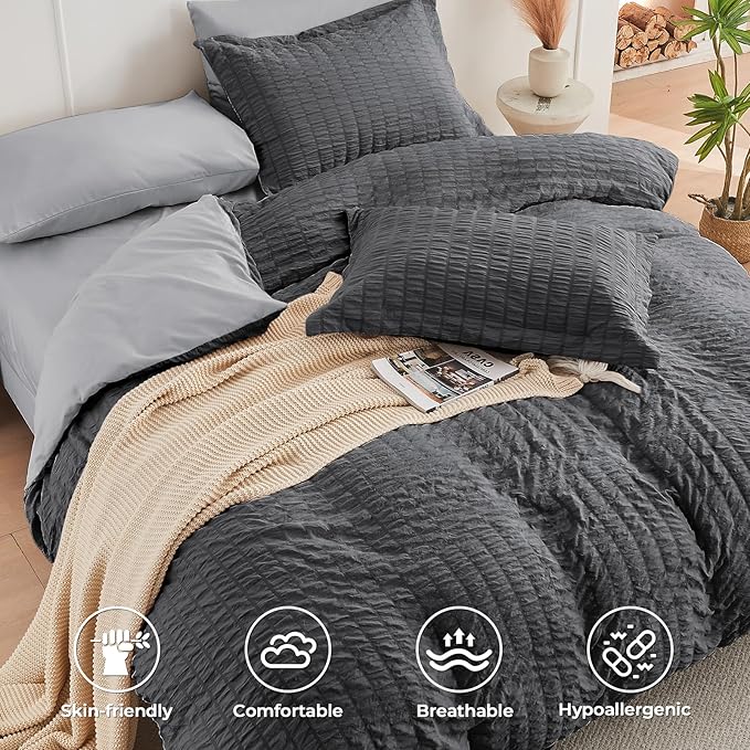 HYMOKEGE Dark Grey/Light Grey Twin XL Comforter Set Seersucker 5 Pieces, All Season Luxury Bed in a Bag for Bedroom, Bedding Set with Comforter, Sheets, Pillowcase & Sham