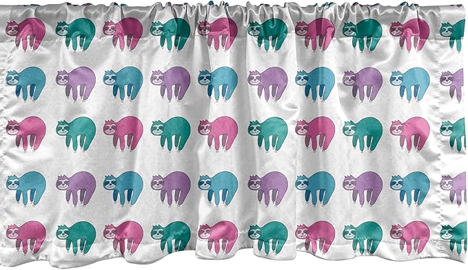 Ambesonne Funny Sloth Window Valance, Colorful Art Repeating Lazy Animal on Plain Backdrop, Curtain Valance for Kitchen Bedroom Decor with Rod Pocket, 42" x 18", Dark Seafoam Pink