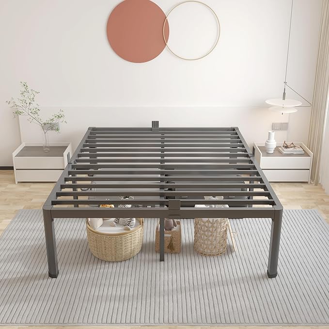 ROIL 12 inch Full Size Bed Frame with Headboard Hole and Round Corner Legs Mattress Retainers 3500LBS Heavy Duty Steel Slats No Box Spring Needed Platform Noise-Free Underneath Storage