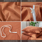 MooMee Bedding Duvet Cover Set 100% Washed Cotton Linen Like Textured Breathable Durable Soft Comfy (Solid Rust Brown, Full 80"x90")