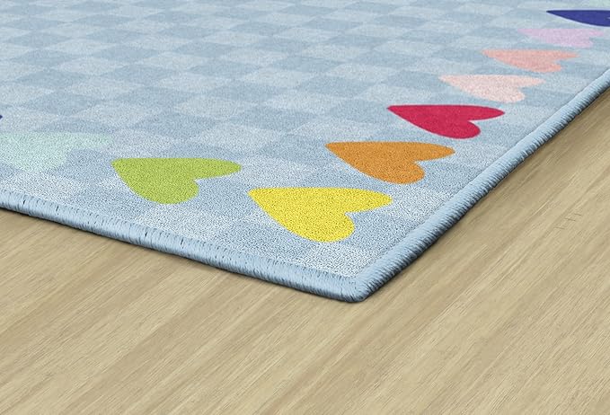 Flagship Carpets Schoolgirl Style Blue with Rainbow Hearts Border Educational Area Rug for Kids Room Seating Décor, Children's Classroom, Play Carpet for Teaching and Playroom, 7'6" x 12', Blue