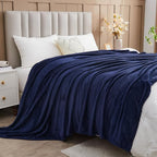 NEWCOSPLAY Super Soft Queen Blanket Dark Navy Premium Silky Flannel Fleece Leaves Pattern Lightweight Bed Blanket All Season Use (Dark Navy, Queen(90"x90"))