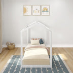 Max & Lily Twin Floor House Bed, Modern Solid Wood Low Bed Frame for Kids, Montessori Floor Bed for Bedroom, Playroom, Wooden Slats, White