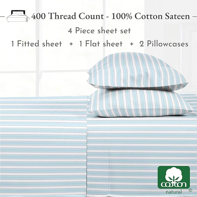 California Design Den Queen Sheet Set - 400 Thread Count Sateen, Natural 100% Cotton Bed Sheets Queen Size, Deep Pocket Cooling and Durable Bedding - Cape Stripe
