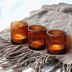 VOHO 24pcs Votive Candle Holders Bulk Wedding Centerpieces for Tables, Amber Tea Lights Candle Holder for Home/Fall Decor, Glass Ribbed Votive Candle Holder Gift Idea