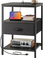 SUPERJARE Night Stand with Charger Station, 27.7 Inch Tall Nightstand with Adjustable Fabric Drawer, Bed Side Table, Fabric Drawer Dresser for Bedroom, Living Room, Black