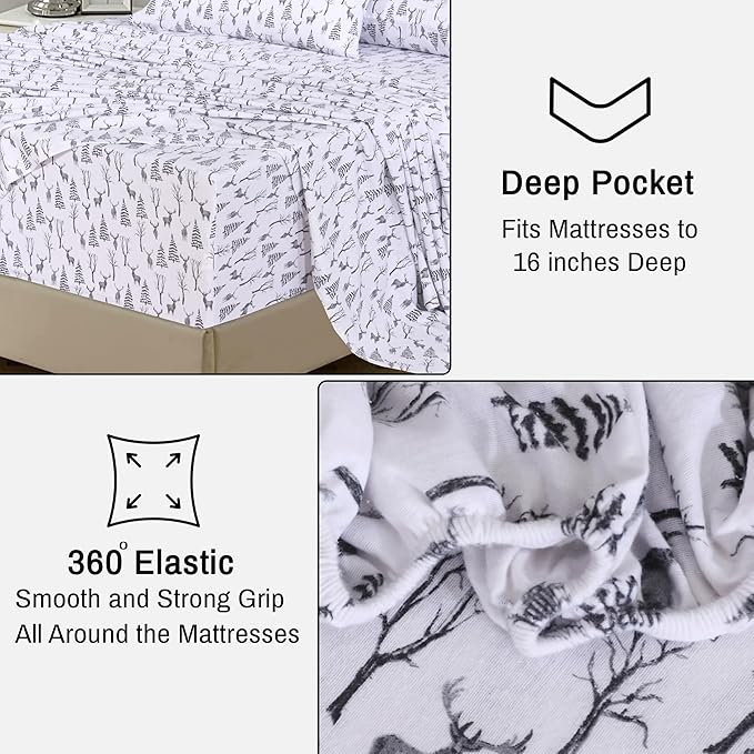 RUVANTI Flannel Sheets Queen Size - 100% Cotton Double Brushed Bed Sheets, Deep Pockets 16 Inches Queen Sheet Set, All Seasons Breathable & Extra Soft - Warm & Cozy, 4 Piece, Dry Winter