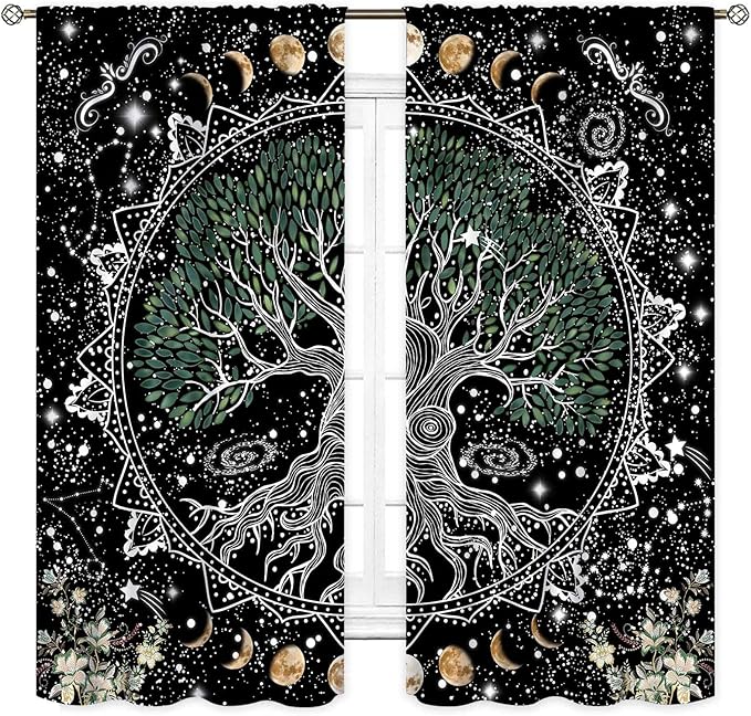 Life Tree Curtains, Hippie Sun Moon Trippy Tree of Life Bohemian Mandala Aesthetci Mystic Witchy Blackout Window Drapery Treatments for Bedroom Living Room Bathroom Decor, 42"x45" Inch
